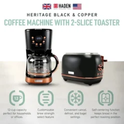 Haden Heritage 2 Slice Wide Slot Stainless Steel Toaster Bundled With 12 Cup Programmable Drip Coffee Maker Coffee Machine, Black & Copper