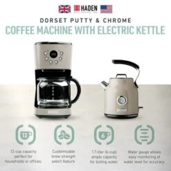 Haden Coffee Machine, 12 Cup Drip Coffee Maker Bundled With Dorset 1.7 Liter Stainless Steel Electric Hot Water Kettle, Putty & Chrome