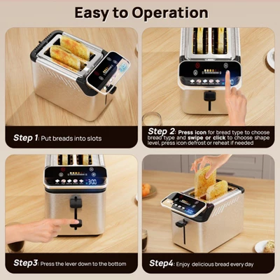 Whall® Stainless Steel Smart Toaster, 2 Slice | Projection Touchscreen, 1.5" Extra-Wide Slots, Digital Timer, Reheat & Defrost, Removable Crumb Tray 7 Whall® Stainless Steel Smart Toaster, 2 Slice | Projection Touchscreen, 1.5" Extra-Wide Slots, Digital Timer, Reheat & Defrost, Removable Crumb Tray - Image 7