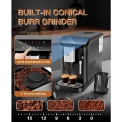 Fully Automatic 20 Bar Espresso Machine With Milk Frother, Built-In & Adjustable Espresso Bean Grinder