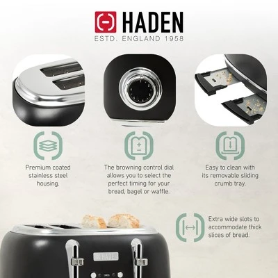 Haden Heritage 4 Slice Wide Slot Stainless Steel Toaster Bundled With 1.7 Liter Stainless Steel Electric Water Kettle, Black & Chrome 4 Haden Heritage 4 Slice Wide Slot Stainless Steel Toaster Bundled With 1.7 Liter Stainless Steel Electric Water Kettle, Black & Chrome - Image 4