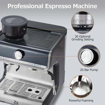 WhizMax 20-Bar Espresso Machine With Built In Grinder, Milk Frother And Steam Wand, Stainless Steel Coffee Machine For Lattes And Cappuccinos 6 WhizMax 20-Bar Espresso Machine With Built In Grinder, Milk Frother And Steam Wand, Stainless Steel Coffee Machine For Lattes And Cappuccinos - Image 6