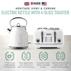Haden Heritage 75012 1.7 Liter Stainless Steel Body Retro Electric Tea Kettle & Haden Heritage 75013 4 Slice Wide Slot Retro Toaster, Ivory White