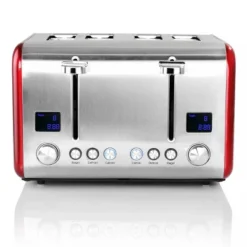 MegaChef 4 Slice Stainless Steel Toaster - Red: 1800W, Automatic Shut-Off, Reheat & Defrost Functions
