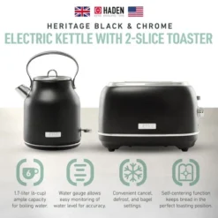 Haden Heritage 2 Slice Wide Slot Stainless Steel Toaster Bundled With 1.7 Liter Stainless Steel Electric Water Kettle, Black & Chrome