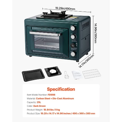 VEVOR Outdoor Oven, 2-in-1 Portable Gas Camping Stove Oven Combo, Adjustable Fire, 60-Minute Timer, With Grill Shelf And Roasting Tray, Dark Green 7 VEVOR Outdoor Oven, 2-in-1 Portable Gas Camping Stove Oven Combo, Adjustable Fire, 60-Minute Timer, With Grill Shelf And Roasting Tray, Dark Green - Image 7