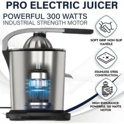 Eurolux 300W Citrus Juicer Power Pro– Stainless Steel, Quiet, Dishwasher Safe, Anti-drip Spout
