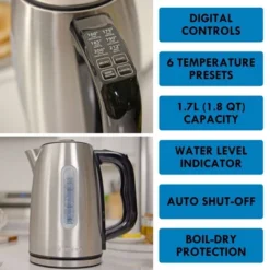 Kenmore 57.6oz Preset Programable Stainless Steel Electric Tea Kettle Black/Silver: 1.8L, Auto Shut-Off, LED Light -Kitchen Appliances GUEST 3dbe6895 09e7 4070 9582 cbf49680b701