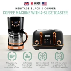 Haden Heritage 4 Slice Wide Slot Stainless Steel Toaster Bundled With 12 Cup Programmable Drip Coffee Maker Coffee Machine, Black & Copper