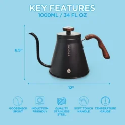 GROSCHE Marrakesh Gooseneck Kettle For Pour Over Coffee Makers And Coffee Drippers, Stainless Steel, 34 Oz