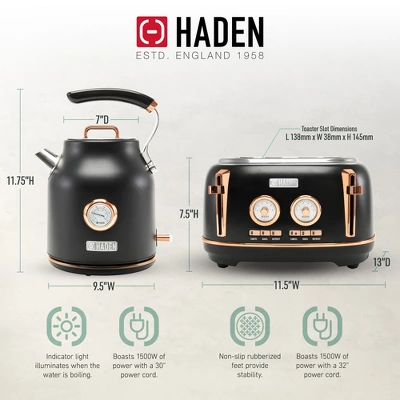 Haden Dorset 1.7 Liter Stainless Steel Electric Kettle With 360-Degree Base Bundled With 4 Slice Wide Slot Stainless Steel Toaster, Black & Copper 3 Haden Dorset 1.7 Liter Stainless Steel Electric Kettle With 360-Degree Base Bundled With 4 Slice Wide Slot Stainless Steel Toaster, Black & Copper - Image 3