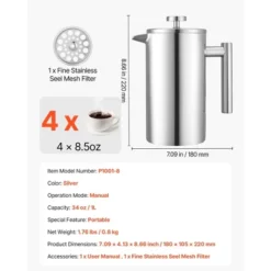 VEVOR French Press Coffee Maker, 34 Ounce 1 Liter Stainless Steel Coffee Press Tea Maker With Filter, Silver 14 VEVOR French Press Coffee Maker, 34 Ounce 1 Liter Stainless Steel Coffee Press Tea Maker With Filter, Silver -Kitchen Appliances GUEST 4c25cfc1 740c 44f0 a3a5 2d789c53d2a8