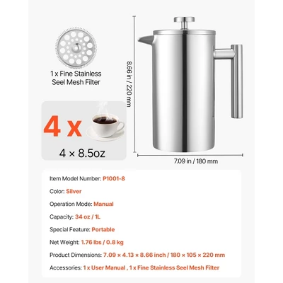 VEVOR French Press Coffee Maker, 34 Ounce 1 Liter Stainless Steel Coffee Press Tea Maker With Filter, Silver 7 VEVOR French Press Coffee Maker, 34 Ounce 1 Liter Stainless Steel Coffee Press Tea Maker With Filter, Silver - Image 7