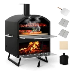 Tangkula Outdoor 16" Wood Fired Pizza Oven 2-Layer Pizza Maker With Square Stone -Kitchen Appliances GUEST 50688b32 7a1b 4553 afd9 c16bb3e78208