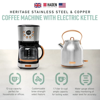 Haden Heritage 1.7 Liter Stainless Steel Electric Kettle Bundled With 12 Cup Drip Coffee Maker, Coffee Machine With Auto Shut-Off, Steel & Copper 1 Haden Heritage 1.7 Liter Stainless Steel Electric Kettle Bundled With 12 Cup Drip Coffee Maker, Coffee Machine With Auto Shut-Off, Steel & Copper