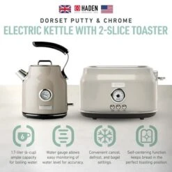 Haden Dorset 2 Slice Wide Slot Stainless Steel Toaster Bundled With 1.7 Liter Stainless Steel Electric Kettle With 360-Degree Base, Putty & Chrome