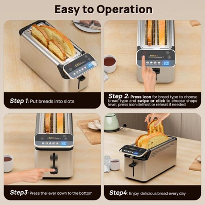 Whall® Stainless Steel Smart Toaster, 4 Slice | Projection Touchscreen, 1.5" Extra-Wide Slots, Digital Timer, Reheat & Defrost, Removable Crumb Tray 7 Whall® Stainless Steel Smart Toaster, 4 Slice | Projection Touchscreen, 1.5" Extra-Wide Slots, Digital Timer, Reheat & Defrost, Removable Crumb Tray - Image 7