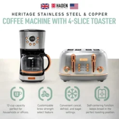 Haden Heritage 4 Slice Wide Slot Stainless Steel Toaster Bundled With 12 Cup Programmable Drip Coffee Maker Coffee Machine, Steel & Copper