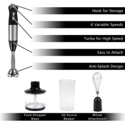 6-Speed Immersion Blender - 4-in-1 Hand Mixer With Whisk, Food Processor Cup, And 32oz Beaker For Soup, Smoothies, And More By Classic Cuisine (Black)