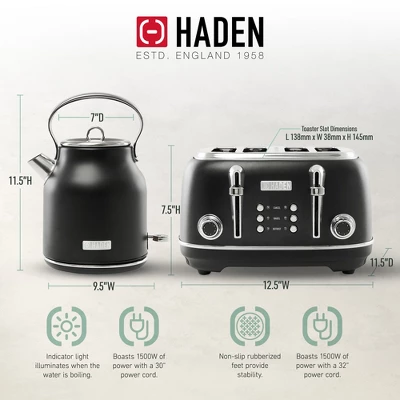 Haden Heritage 4 Slice Wide Slot Stainless Steel Toaster Bundled With 1.7 Liter Stainless Steel Electric Water Kettle, Black & Chrome 2 Haden Heritage 4 Slice Wide Slot Stainless Steel Toaster Bundled With 1.7 Liter Stainless Steel Electric Water Kettle, Black & Chrome - Image 2