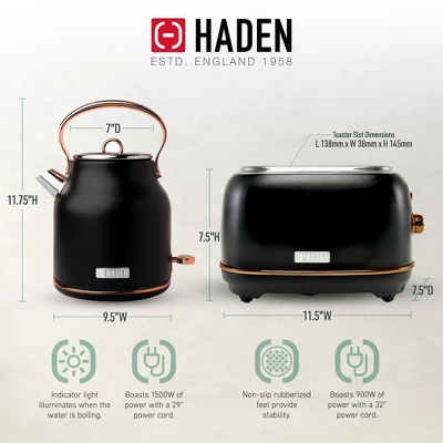 Haden Heritage 1.7 Liter Stainless Steel Electric Water Kettle Bundled With 2 Slice Wide Slot Stainless Steel Toaster, Black & Copper 2 Haden Heritage 1.7 Liter Stainless Steel Electric Water Kettle Bundled With 2 Slice Wide Slot Stainless Steel Toaster, Black & Copper - Image 2