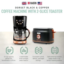 Haden Dorset 2 Slice Wide Slot Stainless Steel Toaster Bundled With 12 Cup Programmable Drip Coffee Maker Coffee Machine, Black & Copper