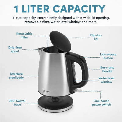 Aroma 1L Electric Water Kettle - Stainless Steel: Tea Kettle, Water Heater, Overheat Protection, 360° Rotating Base 11 Aroma 1L Electric Water Kettle - Stainless Steel: Tea Kettle, Water Heater, Overheat Protection, 360° Rotating Base - Image 11