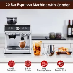 Espresso Machine With Grinder, Milk Frother Wand, 1450W, 20 Bar Professional Espresso Maker With Barista Kit