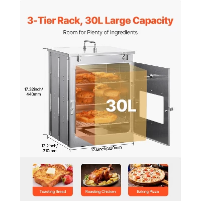 VEVOR Foldable Camping Oven, Stainless Steel Portable Camping Stove, With 3 Tier Grill, Handle And Thermometer, Use With Wood Burning Fire, Silver 2 VEVOR Foldable Camping Oven, Stainless Steel Portable Camping Stove, With 3 Tier Grill, Handle And Thermometer, Use With Wood Burning Fire, Silver - Image 2