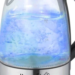 MegaChef 1.7L Glass Electric Tea Kettle - Sliver: Water Boiler, BPA-Free, Automatic Shut-Off, 360° Base, Blue Light