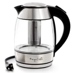 MegaChef 1.8L Glass Body And Stainless Steel Electric Tea Kettle With Tea Infuser Clear/Silver: 1000W, Overheat Protection, 360° Base