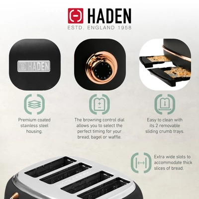 Haden Heritage 4 Slice Wide Slot Stainless Steel Toaster Bundled With 1.7 Liter Stainless Steel Electric Water Kettle, Black & Copper 3 Haden Heritage 4 Slice Wide Slot Stainless Steel Toaster Bundled With 1.7 Liter Stainless Steel Electric Water Kettle, Black & Copper - Image 3