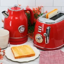 MegaChef 1.7 Liter Electric Tea Kettle & 2 Slice Toaster Combo In Red: Stainless Steel, Cordless, BPA-Free, 1500W -Kitchen Appliances GUEST 7cf4f70b f595 439d 8c14 57488de9aaea