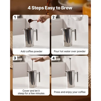 VEVOR French Press Coffee Maker, 34 Ounce 1 Liter Stainless Steel Coffee Press Tea Maker With Filter, Silver 4 VEVOR French Press Coffee Maker, 34 Ounce 1 Liter Stainless Steel Coffee Press Tea Maker With Filter, Silver - Image 4