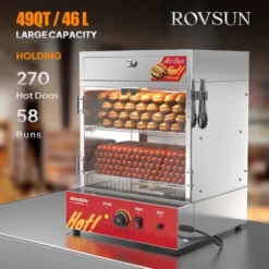 ROVSUN 49QT/46L Hot Dog Steamer, 2-Tier Hut Steamer, Hot Dog Steamer Bun Warmer Cooker 270 Hot Dogs & 58 Buns Capacity With Drawer, Removable Shelves