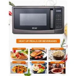 COMMERCIAL CHEF 1.1 Cu Ft Countertop Microwave, With 10 Power Levels, Pull Handle Door, Turntable And Digital Controls, Black Stainless Steel