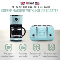 Haden 12 Cup Programmable Drip Coffee Maker Coffee Machine Bundled With Heritage 4 Slice Wide Slot Stainless Steel Toaster, Turquoise & Chrome