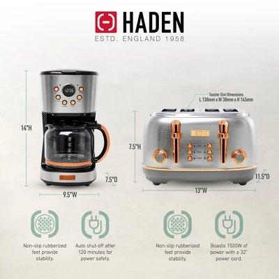Haden Heritage 4 Slice Wide Slot Stainless Steel Toaster Bundled With 12 Cup Programmable Drip Coffee Maker Coffee Machine, Steel & Copper 4 Haden Heritage 4 Slice Wide Slot Stainless Steel Toaster Bundled With 12 Cup Programmable Drip Coffee Maker Coffee Machine, Steel & Copper - Image 4