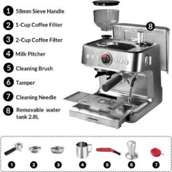 20 Bar Espresso Machine 1500W Semi-Automatic Coffee Maker With Grinder & 2.8L Water Tank & Frother Steam Wand & Built-in Container