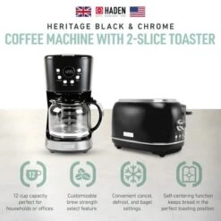 Haden 12 Cup Programmable Drip Coffee Maker Coffee Machine Bundled With Heritage 2 Slice Wide Slot Stainless Steel Toaster, Turquoise & Chrome