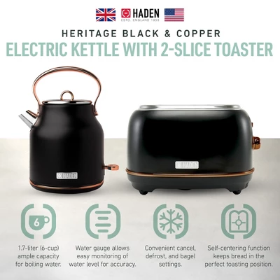 Haden Heritage 1.7 Liter Stainless Steel Electric Water Kettle Bundled With 2 Slice Wide Slot Stainless Steel Toaster, Black & Copper 1 Haden Heritage 1.7 Liter Stainless Steel Electric Water Kettle Bundled With 2 Slice Wide Slot Stainless Steel Toaster, Black & Copper