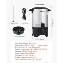 VEVOR Commercial Coffee Urn, 30 Cup 4.5 L Hot Beverage Dispenser With Dripless Faucet, Quick-Brewing Commercial Coffee Maker, Silver -Kitchen Appliances GUEST ba68c464 ddd1 4b34 a9d8 4c3da1dfa475