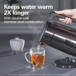 Hamilton Beach 1.7Liter DoubleWall Dig SS Kettle 40851: Electric Water & Tea Heater, 1.7L, Stainless Steel, 1500W, Black
