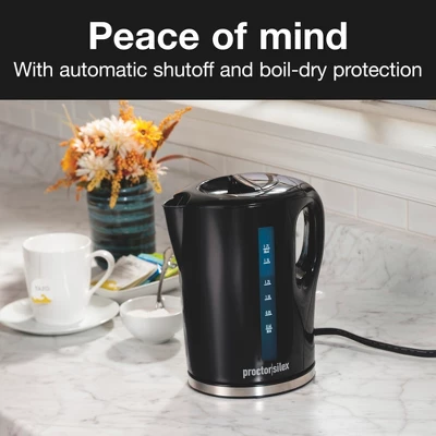 Proctor-Silex 1.7 Lt Cordless Electric Kettle - 41002PS: Black Water Heater Kettle, 1500W Hot Pot, Plastic Tea Maker 7 Proctor-Silex 1.7 Lt Cordless Electric Kettle - 41002PS: Black Water Heater Kettle, 1500W Hot Pot, Plastic Tea Maker - Image 7