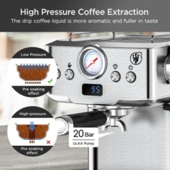 ELJGET Espresso Maker 20 Bar Maker Coffee Machine 1.8L Water Tank, Stainless Steel, Silver