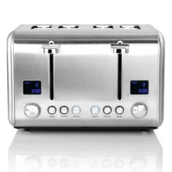 MegaChef 4 Slice Stainless Steel Toaster - Silver: 1800W, Automatic Shut-Off, Reheat & Defrost, Bagel Function, 90-Day Warranty