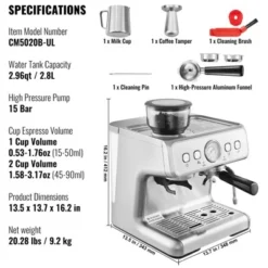 VEVOR Espresso Machine With Grinder, 15 Bar Semi-Automatic Espresso Coffee Maker With Milk Frother Steam Wand, Removable Water Tank & Pressure Gauge -Kitchen Appliances GUEST c748cdeb 322b 4d18 b893 65d9d227355a