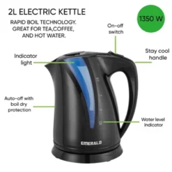 Emerald 2L Black Electric Kettle, 1350W, Automatic Shut Off, Fast Boil Design