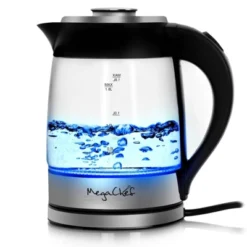 MegaChef 1.8L Electric Cordless Tea Kettle With Tea Infuser: Stainless Steel Hot Pot, Water Kettle, Blue Light, 1100W