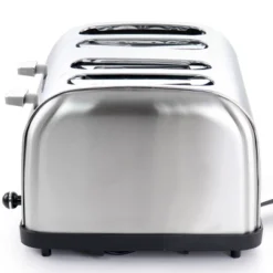 MegaChef 4 Slice Wide Slot Toaster With Variable Browning In Silver: Stainless Steel, Defrost & Bagel Functions, Crumb Tray